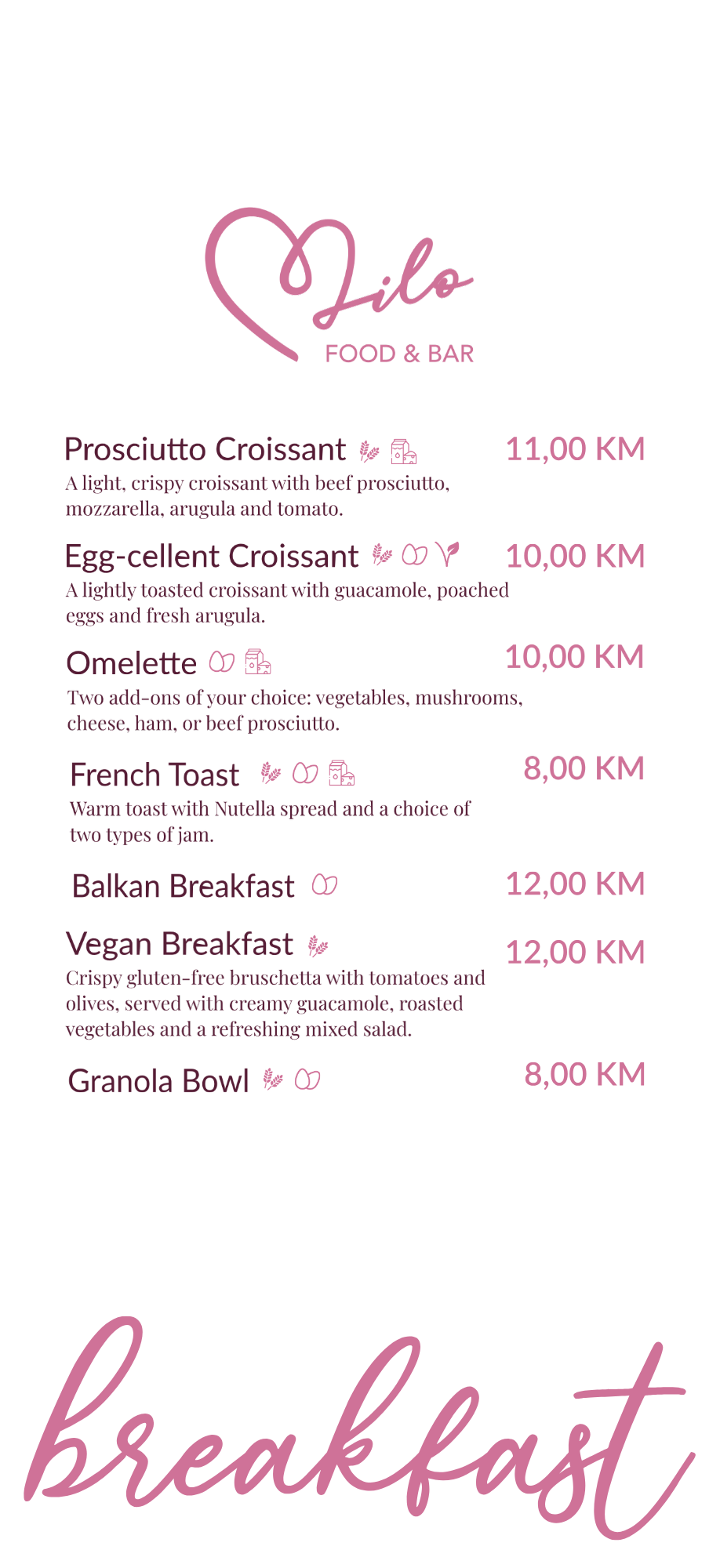Breakfast menu at Milo Food & Bar Mostar