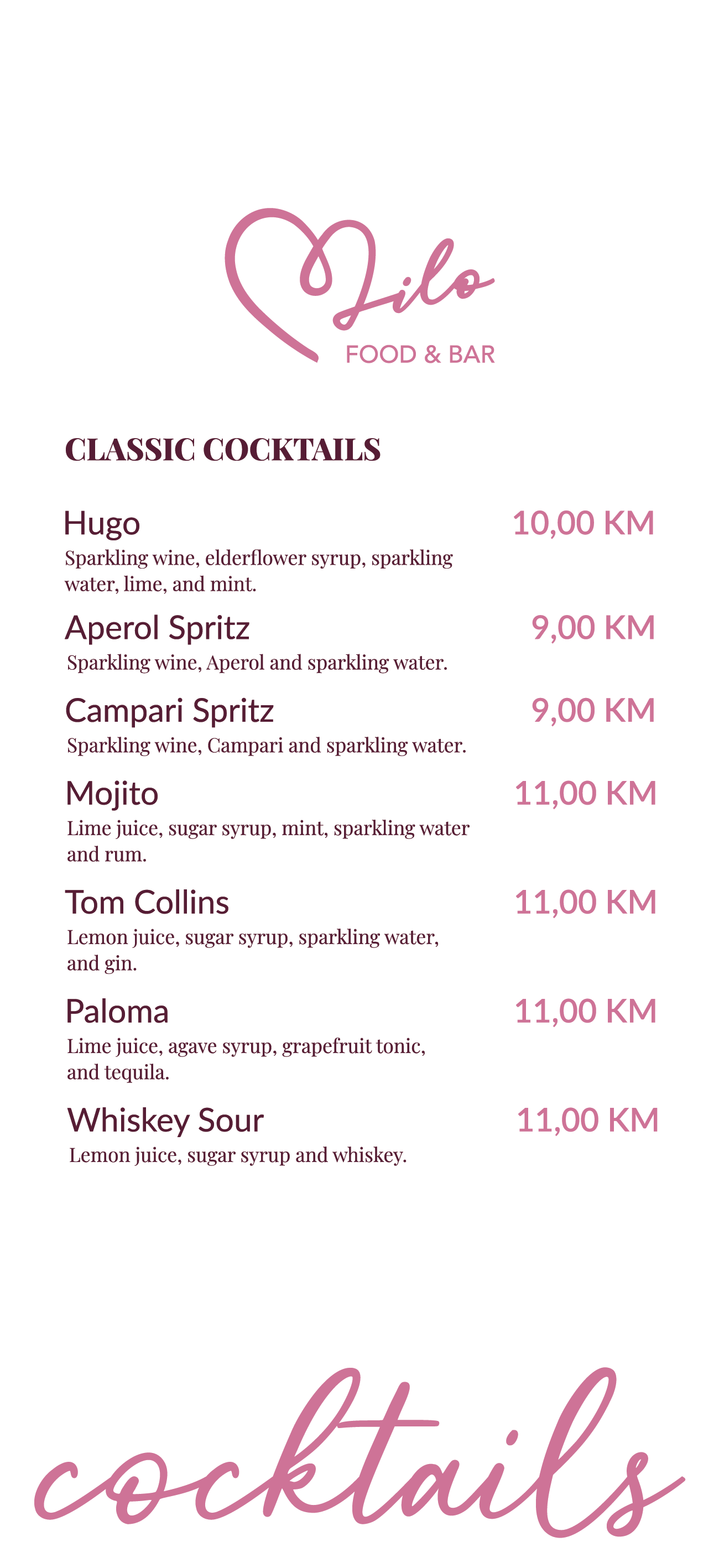 Classic Cocktails menu at Milo Food & Bar Mostar