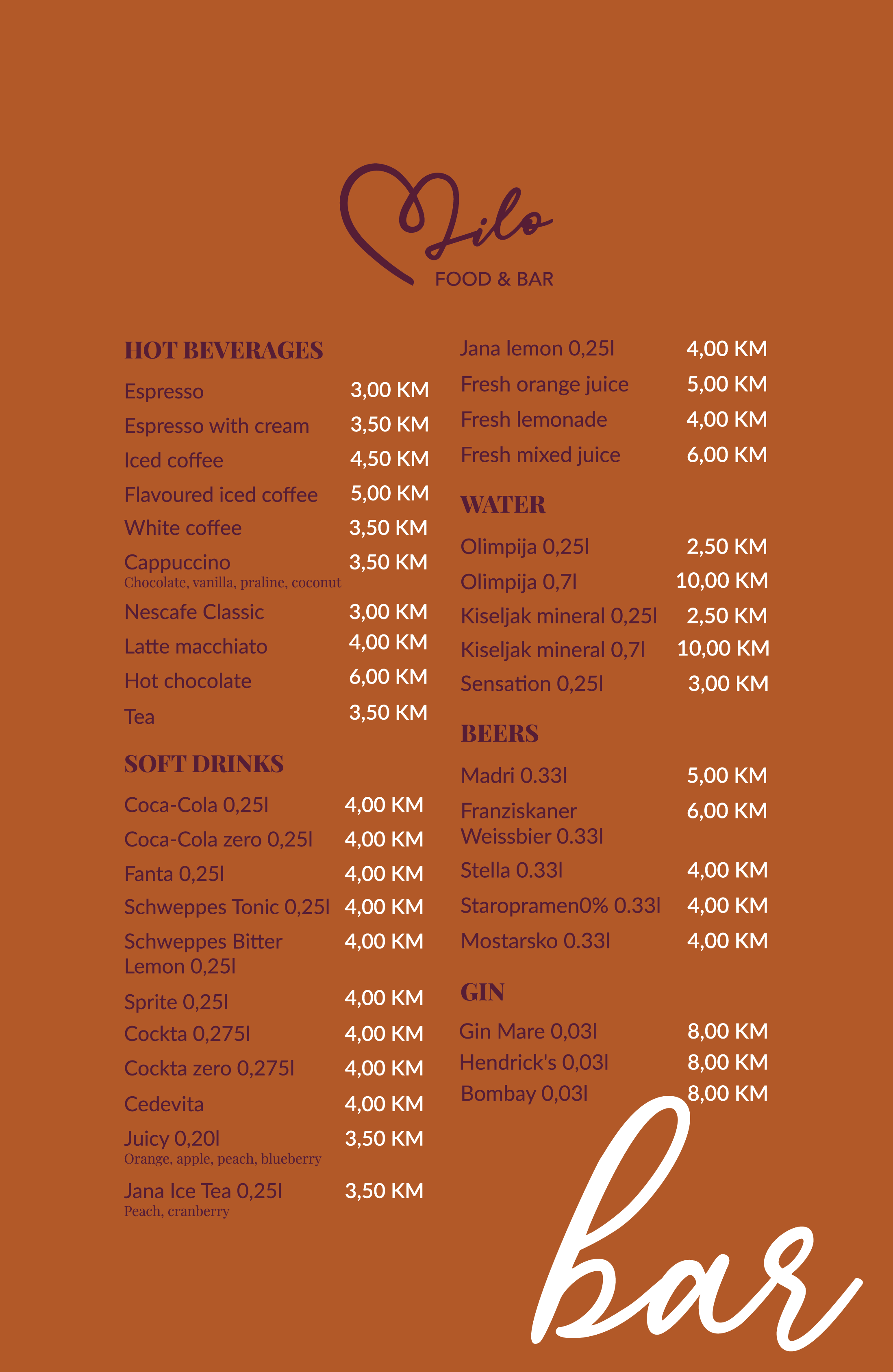 Bar 1 menu at Milo Food & Bar Mostar