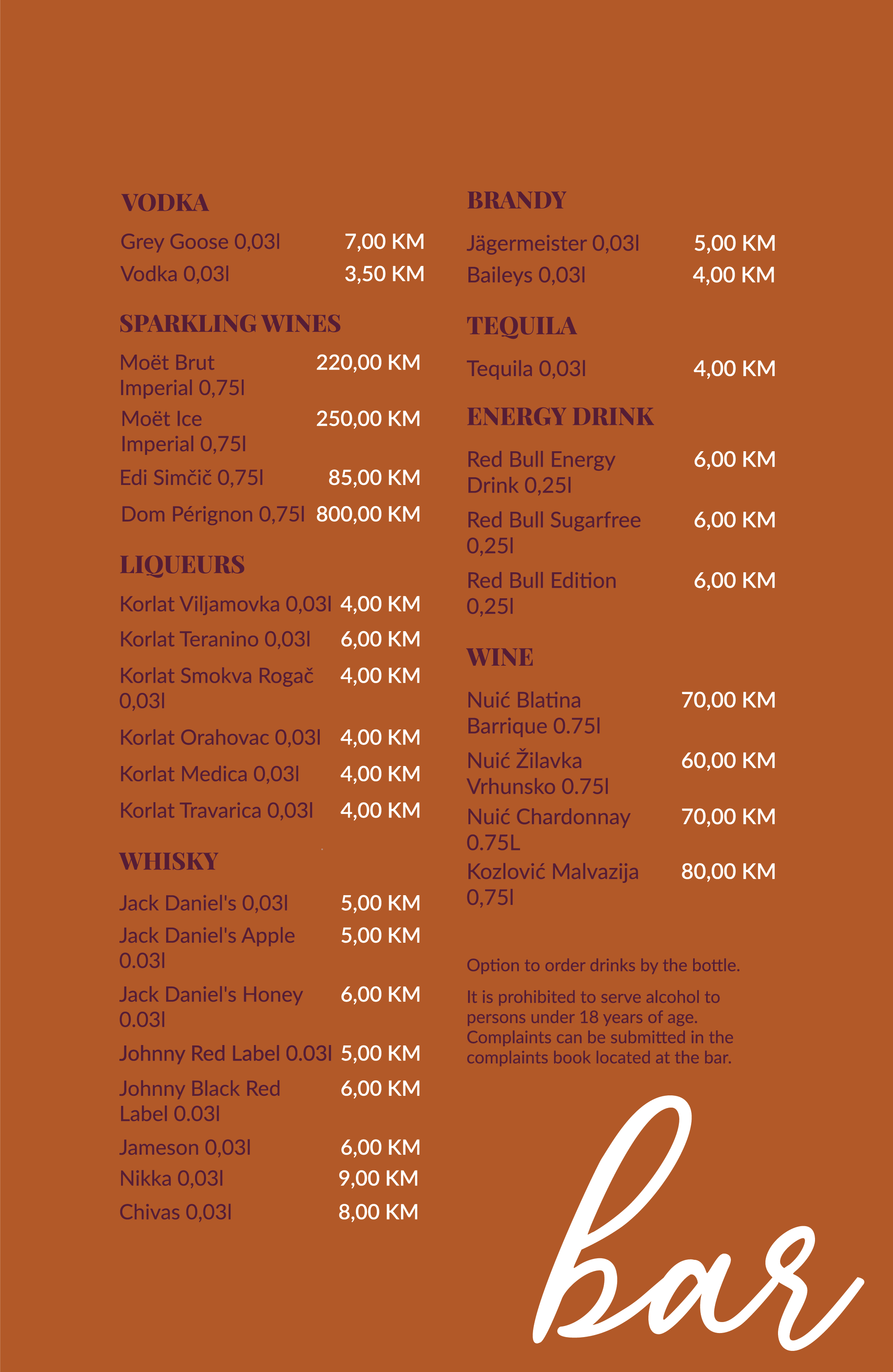 Bar 2 menu at Milo Food & Bar Mostar