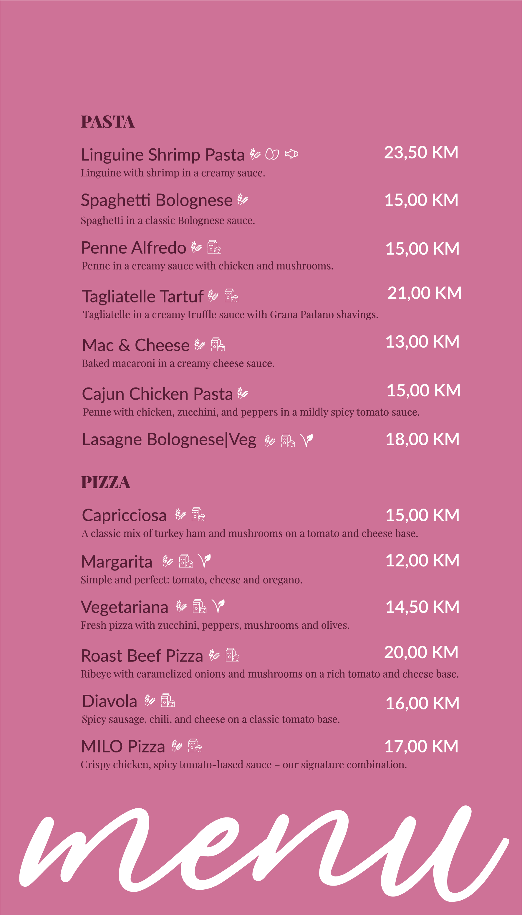 Pasta & Pizza menu at Milo Food & Bar Mostar