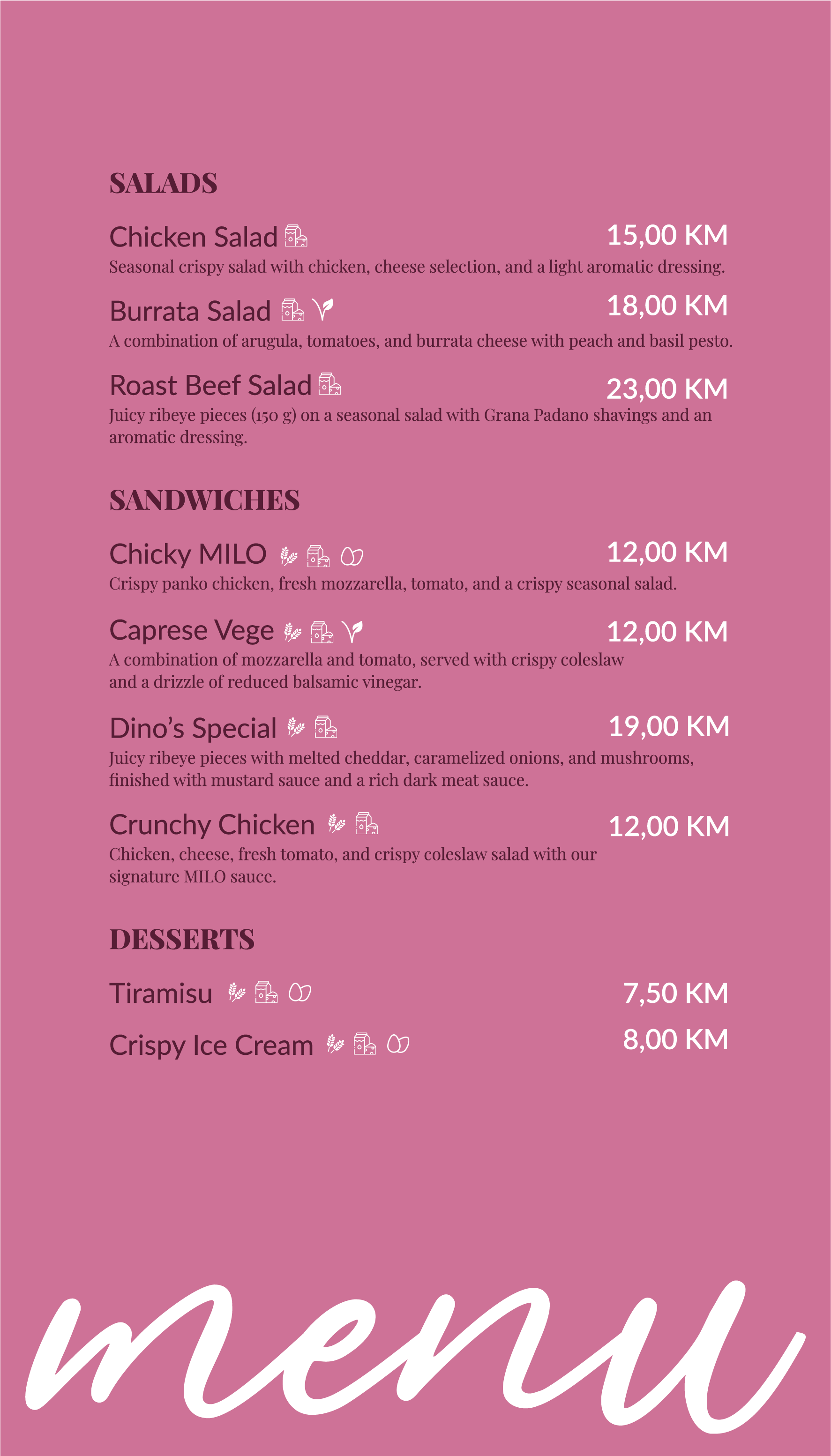 Salads, Sandwiches & Desserts menu at Milo Food & Bar Mostar