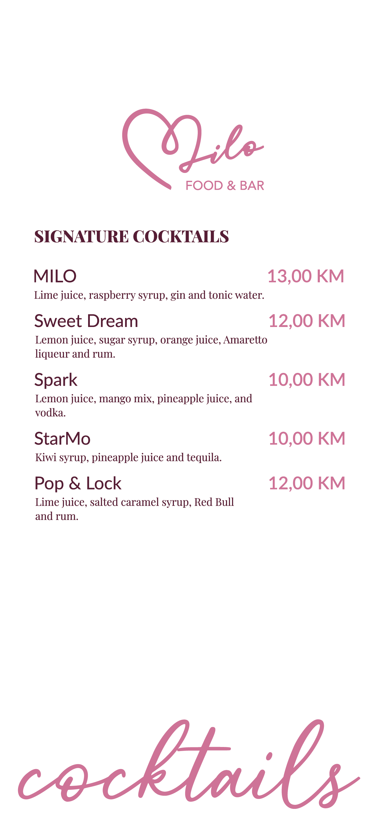 Signature Cocktails menu at Milo Food & Bar Mostar