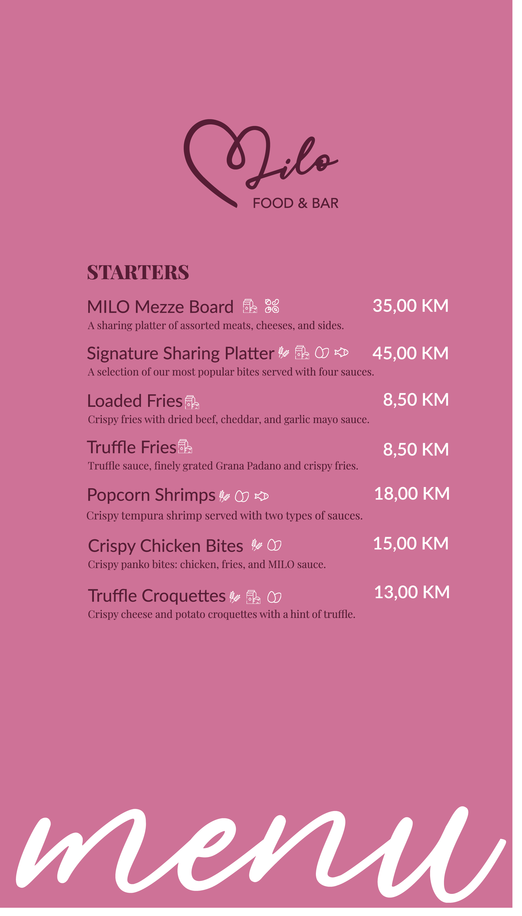 Starters menu at Milo Food & Bar Mostar